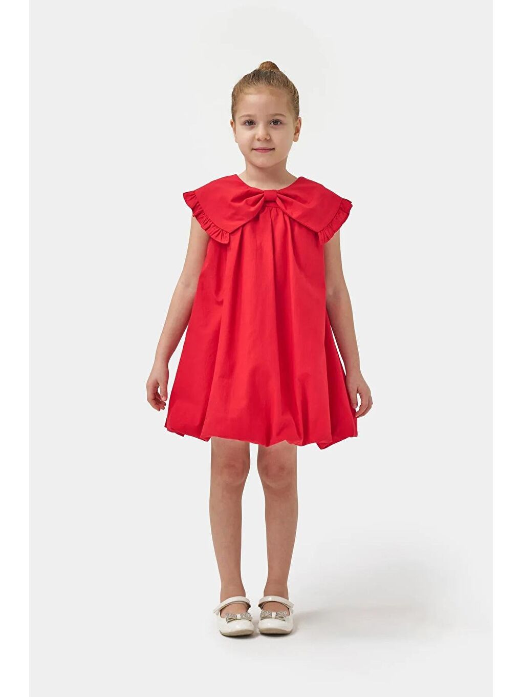 Pembe Kız Çocuk Pamuklu Fiyonk Yaka Balon Etek Elbise-4
