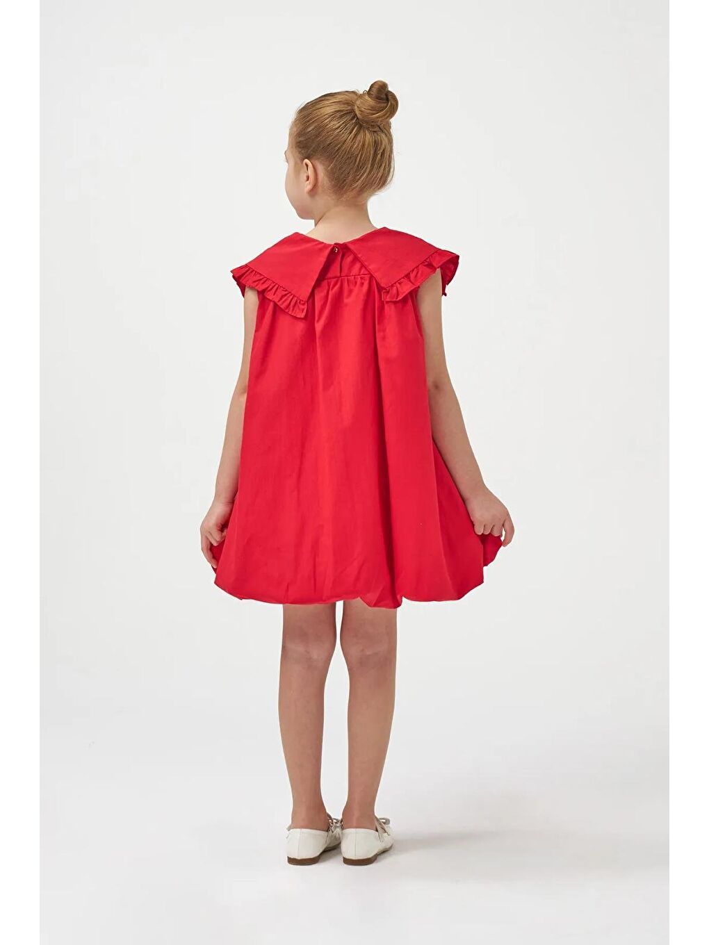Pembe Kız Çocuk Pamuklu Fiyonk Yaka Balon Etek Elbise-8