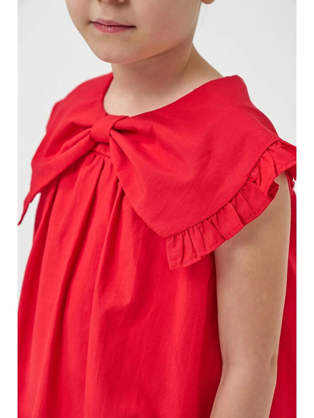 Pembe Kız Çocuk Pamuklu Fiyonk Yaka Balon Etek Elbise-9