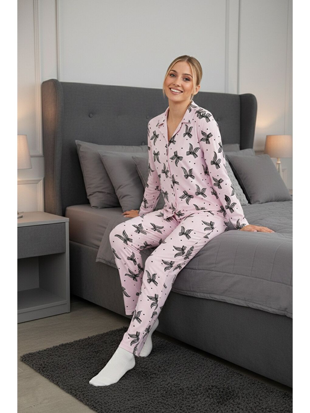 Pembe Çizgili Süet Pijama Takımı