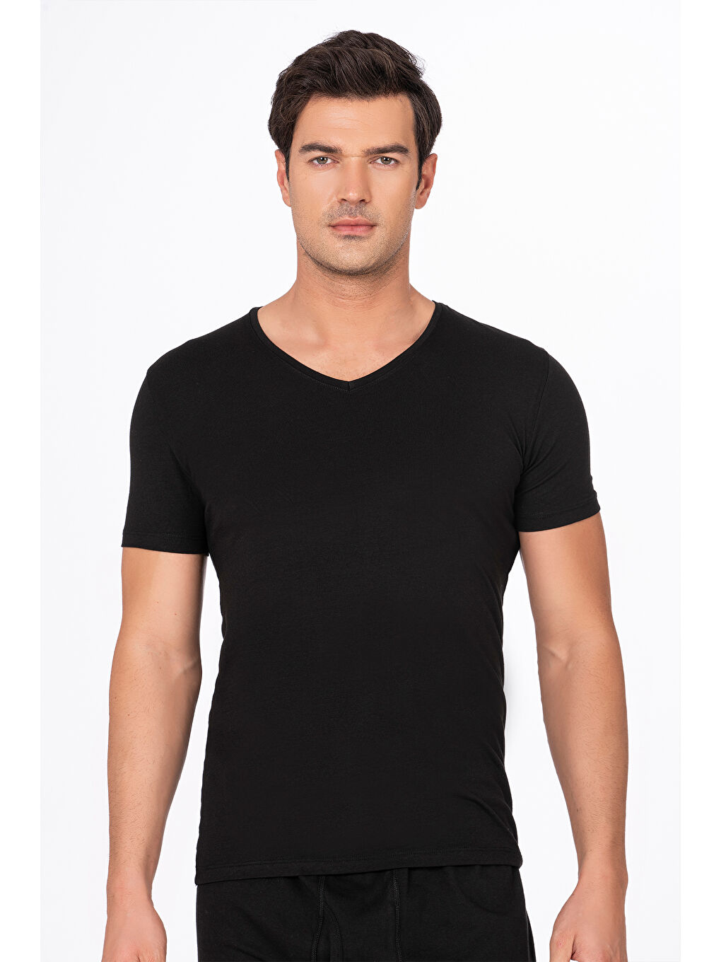 Siyah Erkek V Yaka Pamuklu Modal Tişört Fanila