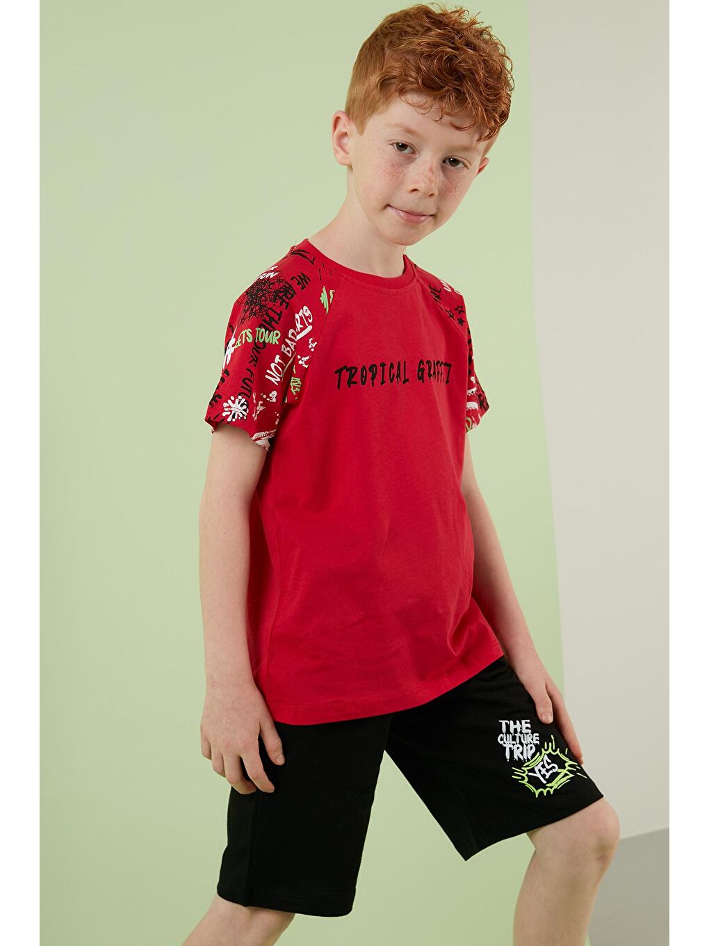 Kırmızı % 100 Pamuk Baskılı Cepli Şortlu 2'li Takım 6189359-1