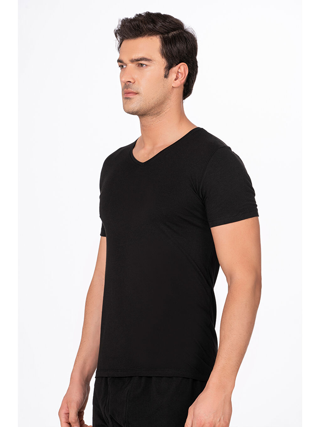 Siyah Erkek V Yaka Pamuklu Modal Tişört Fanila-1