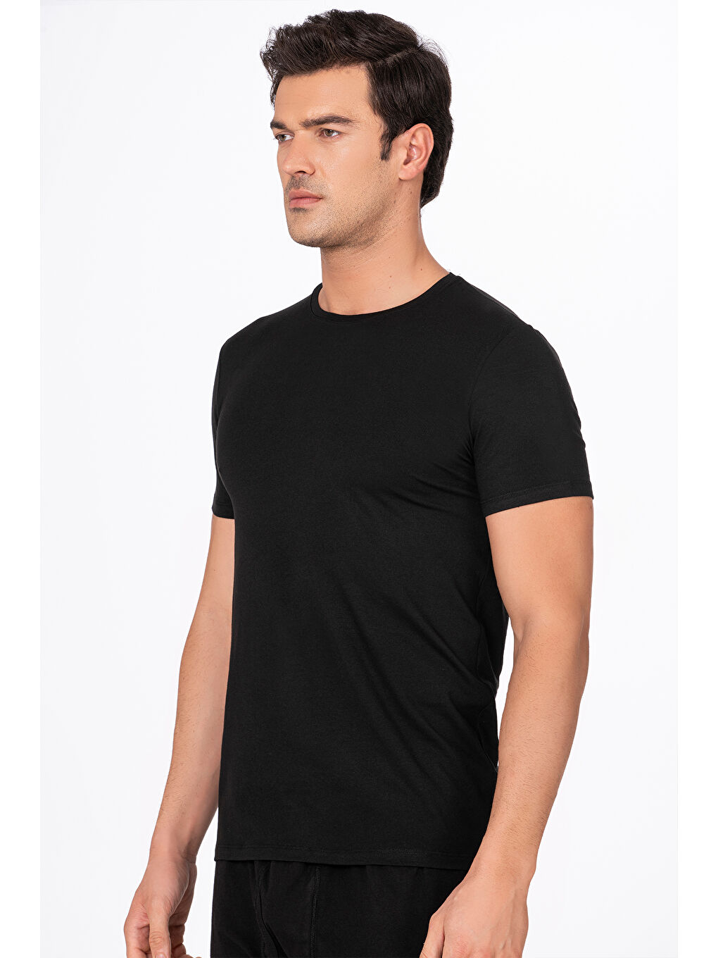 Siyah Erkek Yuvarlak Simit Yaka Pamuklu Modal Tişört Fanila-1