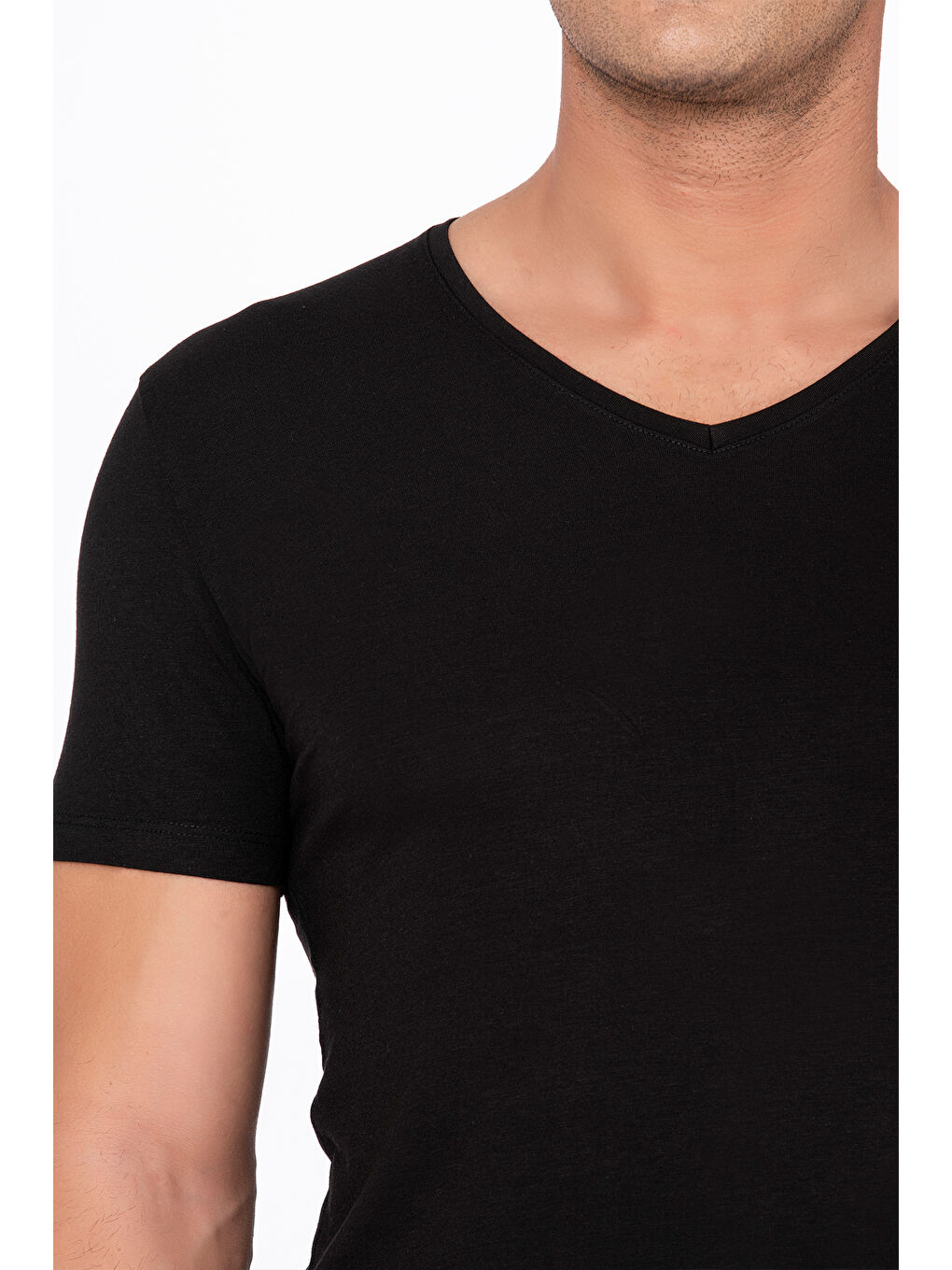 Siyah Erkek V Yaka Pamuklu Modal Tişört Fanila-3