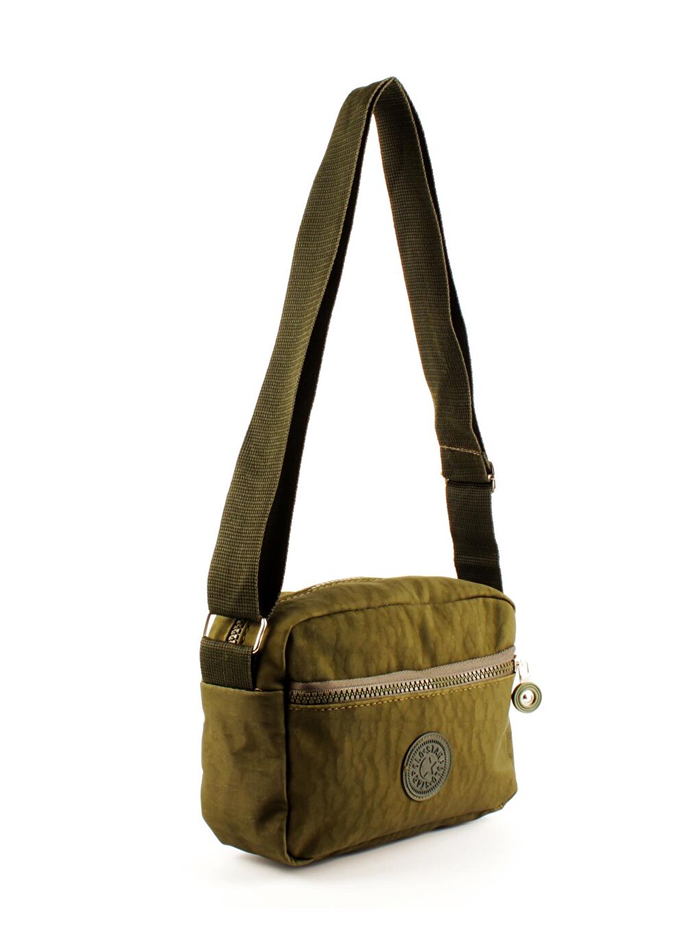 Haki Kadın Krinkıl Üç Bölmeli Fermuarlı Kolon Askılı Omuz Çantası (20764)-1