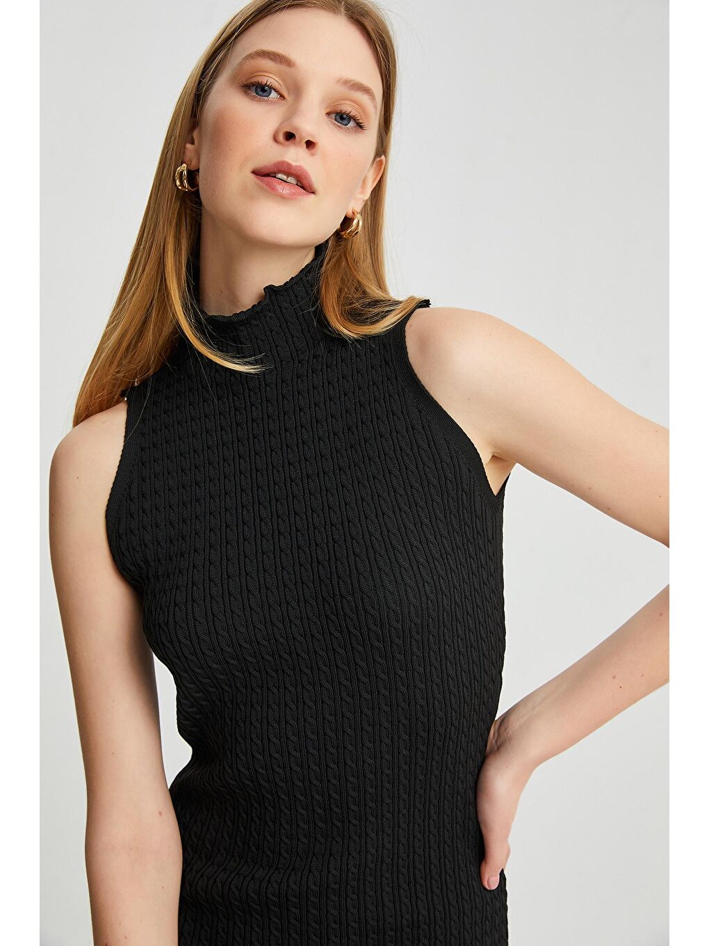 Siyah Kadın Kolsuz Triko Kalem Elbise-2