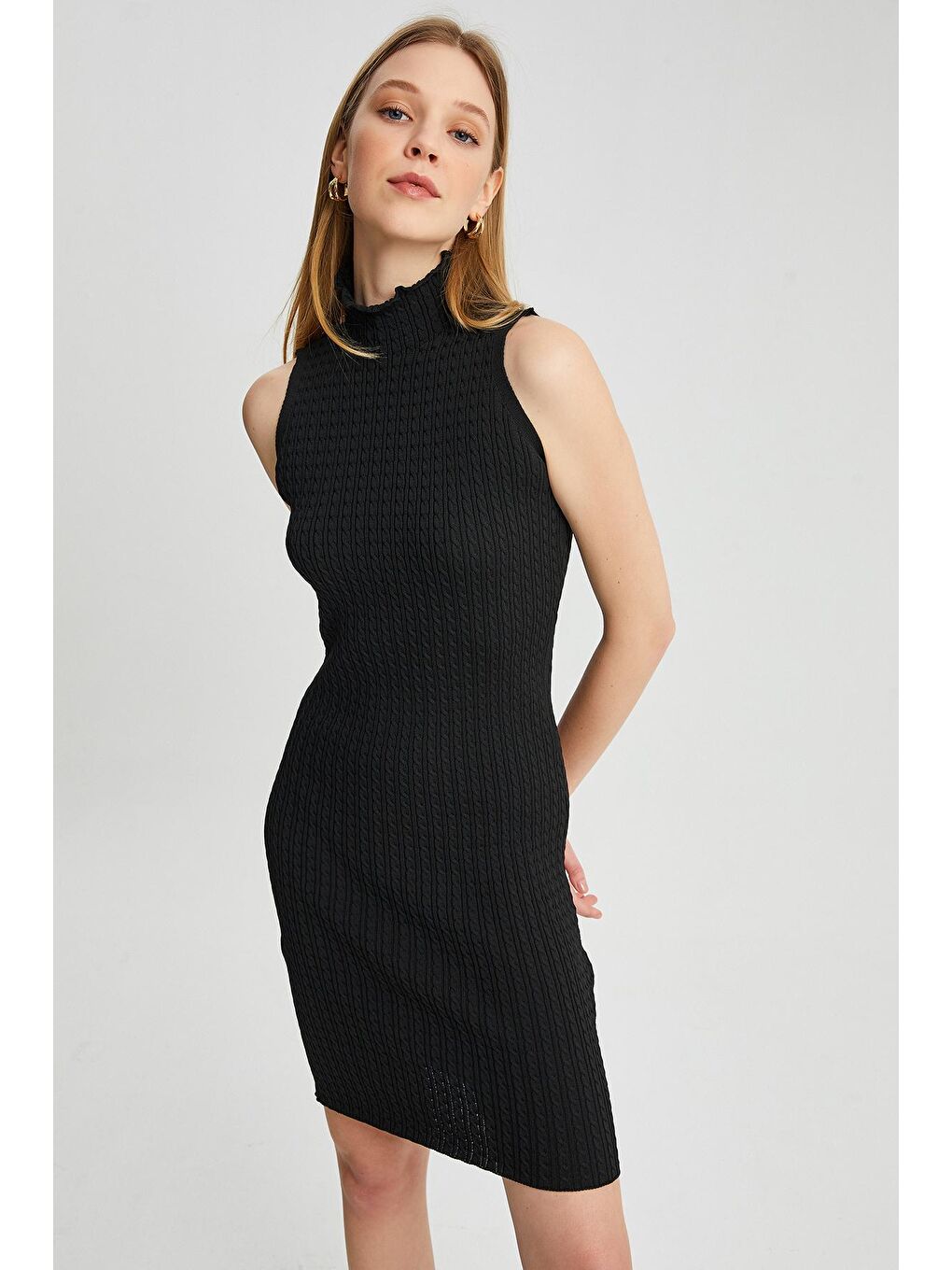 Siyah Kadın Kolsuz Triko Kalem Elbise-4