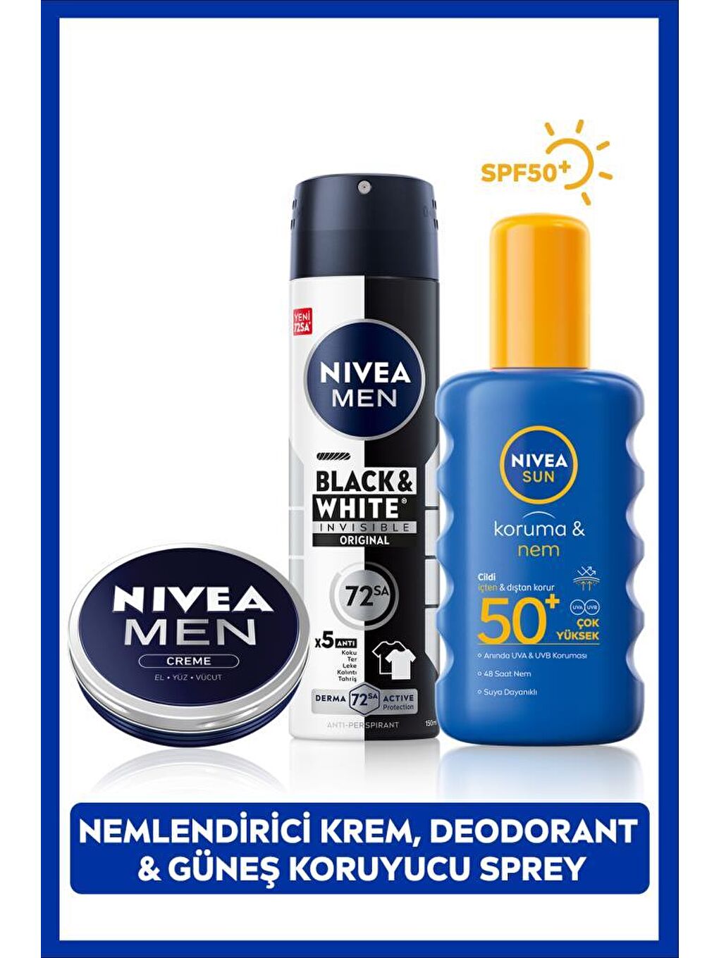 NIVEA Sun Güneş Koruyucu Erkek Kişisel Bakım Seti, SPF 50+ Güneş Kremi 200 ml, Deodorant, Nemlendirici
