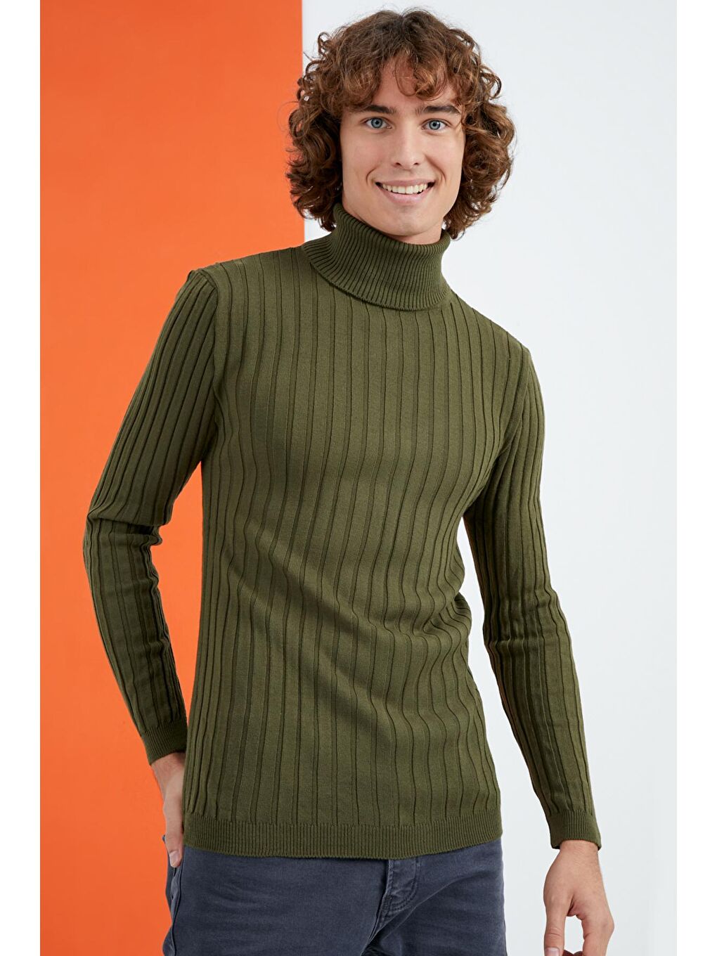 Erkek Haki Balıkçı Yaka Fitilli Basic Triko Kazak