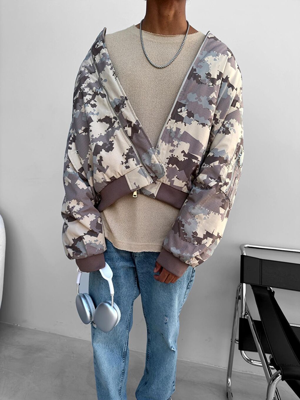 Erkek Oversize Kamuflaj Bomber Kapüşonlu Ceket Kahverengi