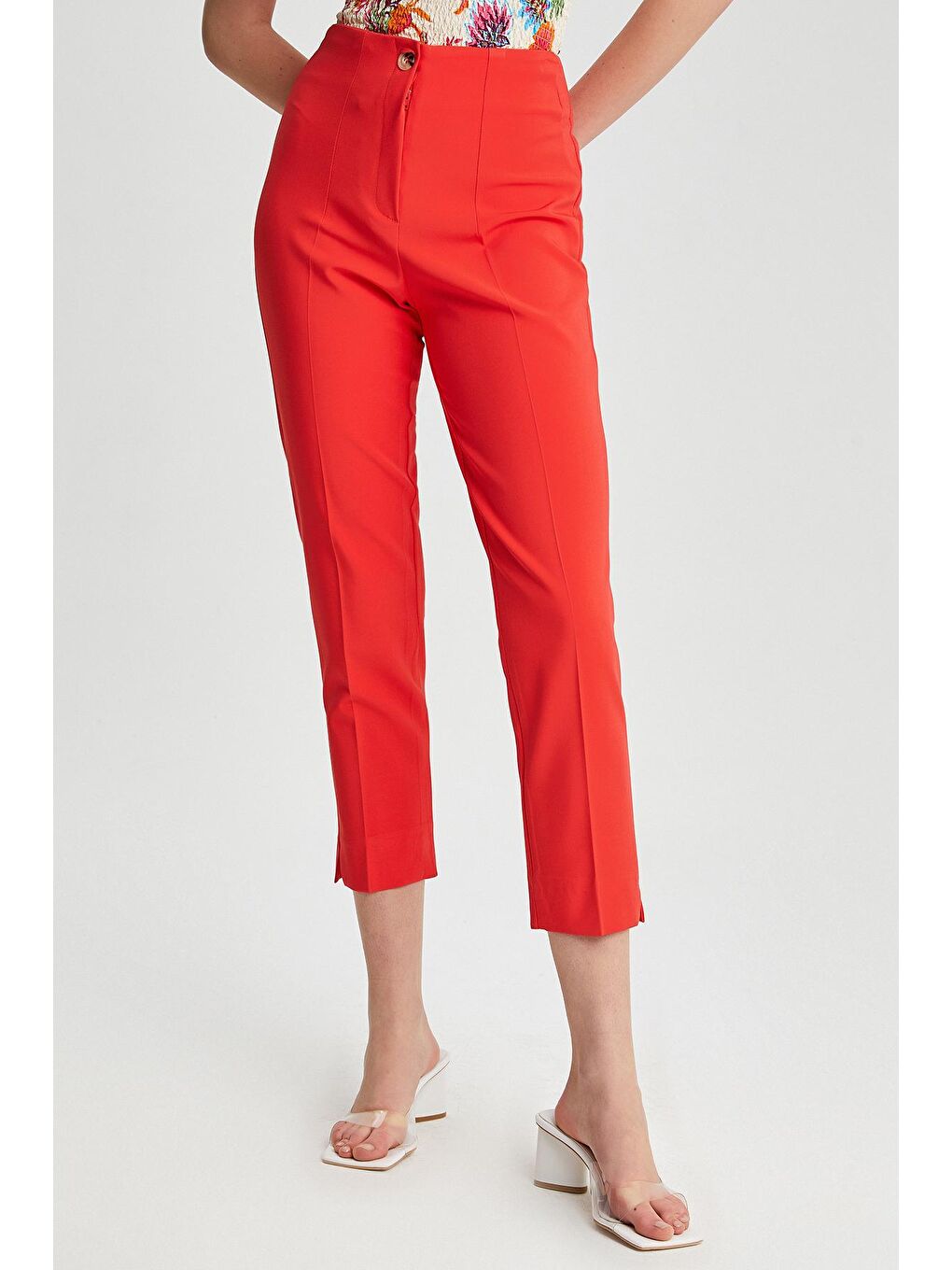 Kırmızı Kadın Pensli Paça Yırtmaçlı Pantolon-2