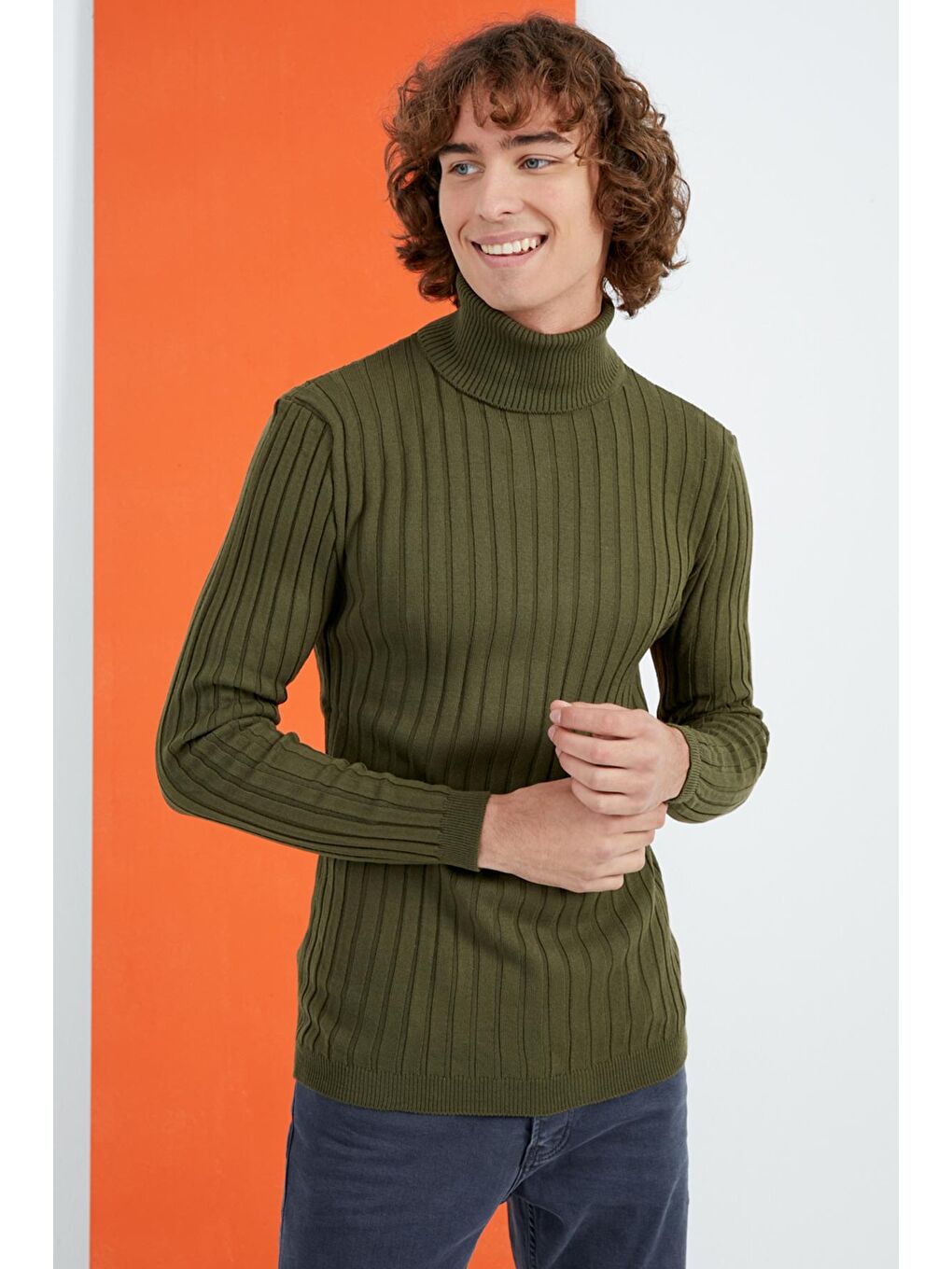 Erkek Haki Balıkçı Yaka Fitilli Basic Triko Kazak-1