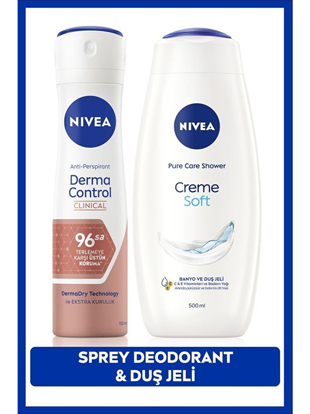 Creme Soft Duş Jeli 500ml ve Kadın Sprey Deodorant Derma Control Clinical 50ml, 96Saat Ter Koruması