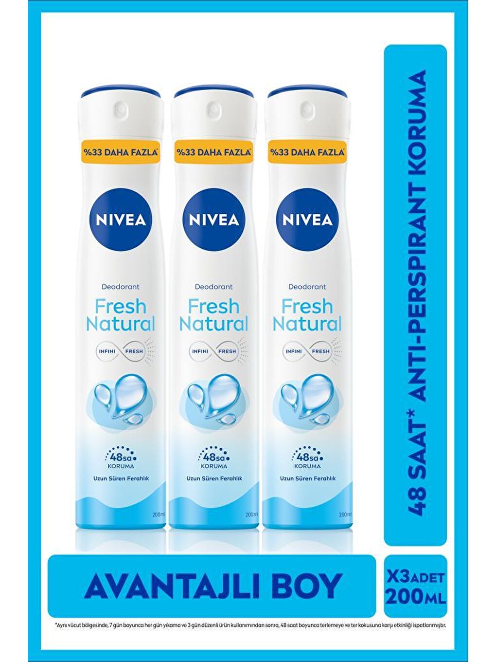 Kadın Sprey Deodorant Fresh Natural Ter Kokusuna Karşı 48 Saat Deodorant Koruması 200mlx3Adet