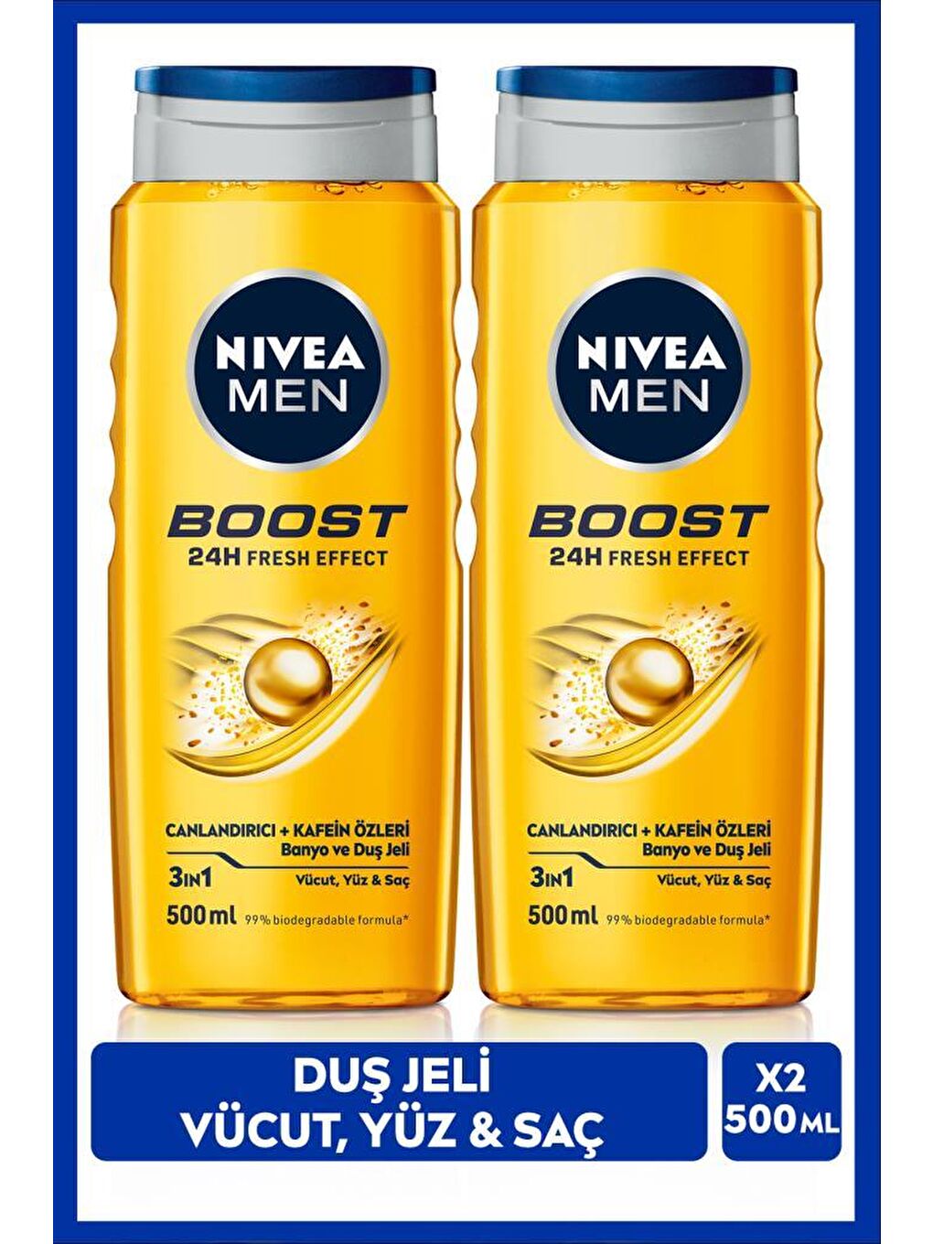 NIVEA Men Boost Duş Jeli,Vücut,Yüz ve Saç 500mlx2