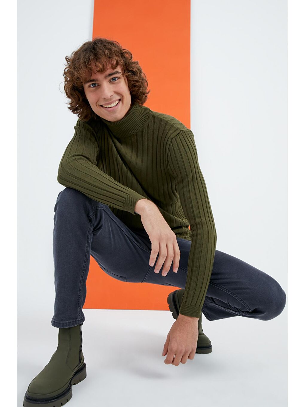 Erkek Haki Balıkçı Yaka Fitilli Basic Triko Kazak-3