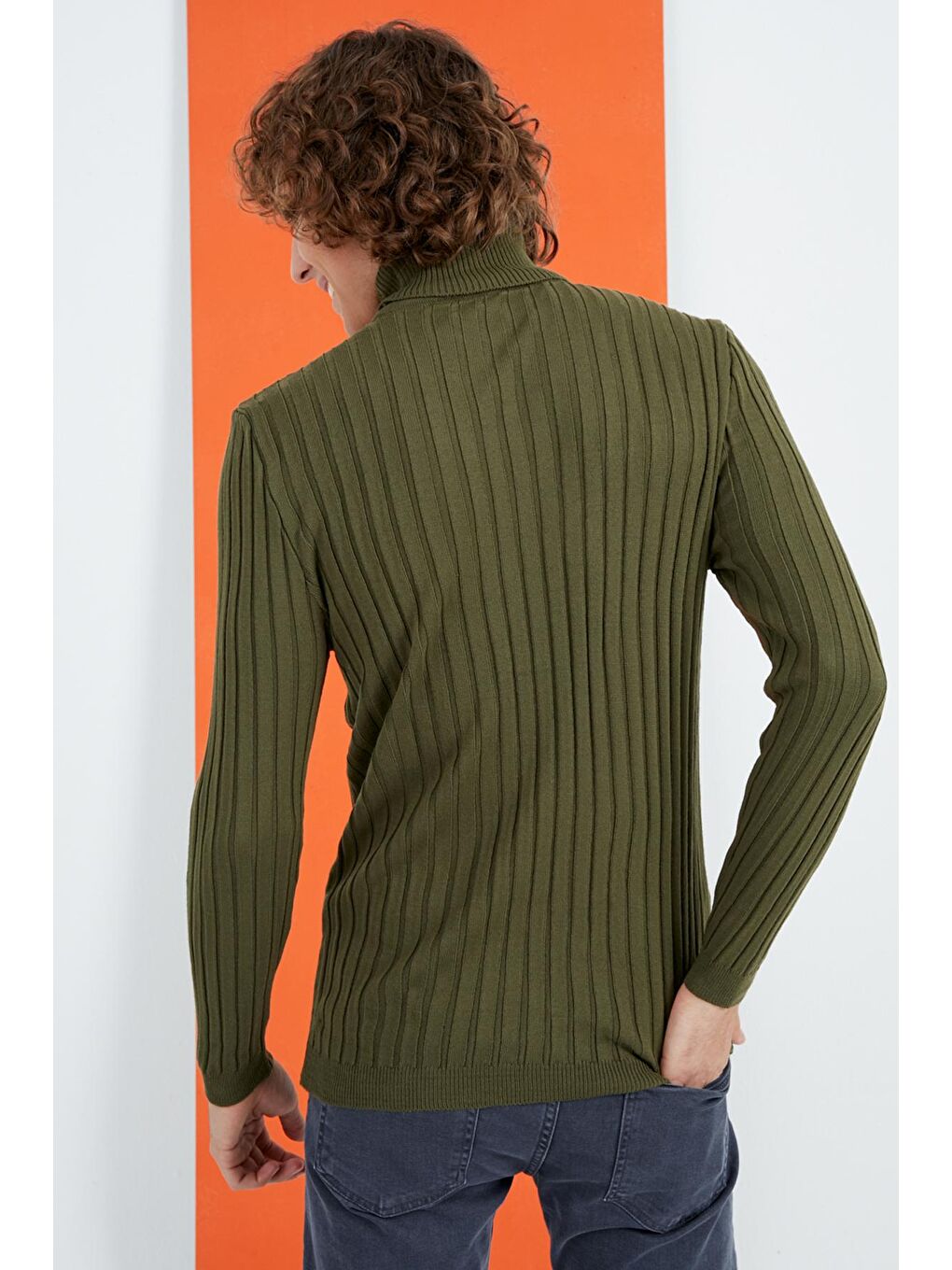 Erkek Haki Balıkçı Yaka Fitilli Basic Triko Kazak-4