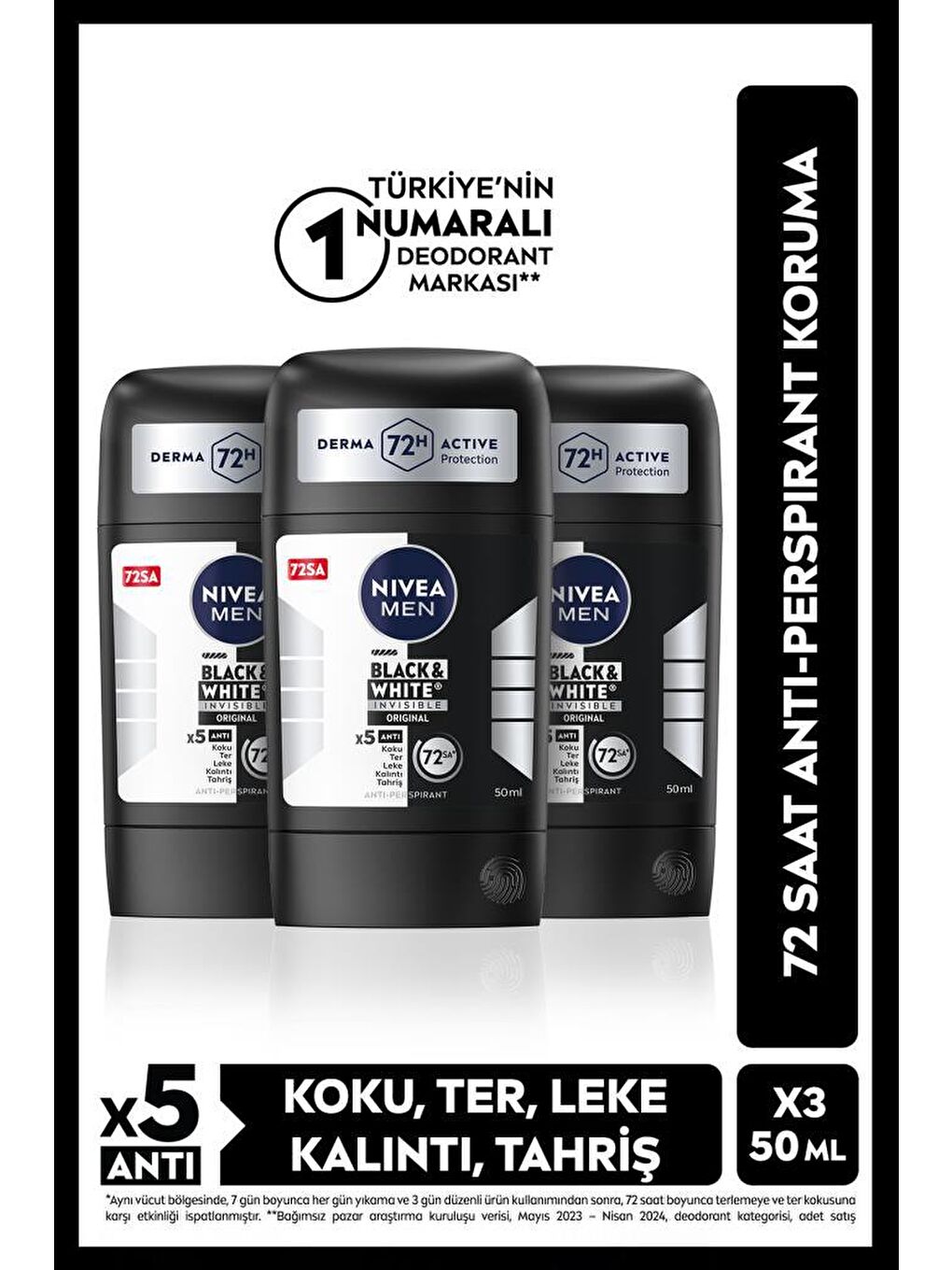 MEN Erkek Stick Deodorant Black&White Original 50ml, 48 Saat Koruma, X3 Adet