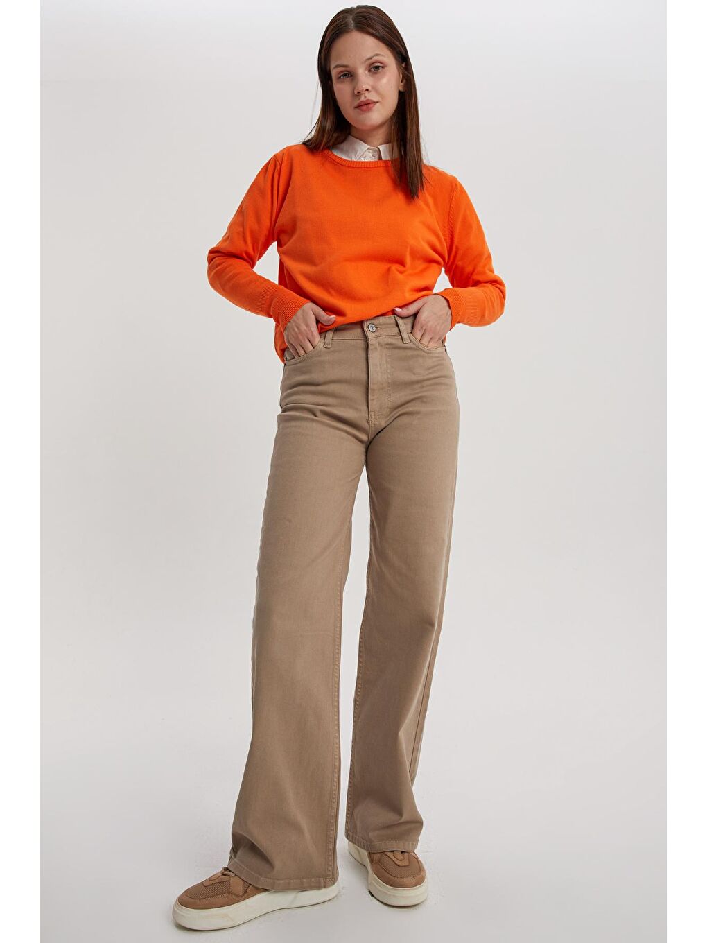 Bej Koyu Taş Pamuklu Parça Boya Rahat Kalıp Elastanlı Pantolon