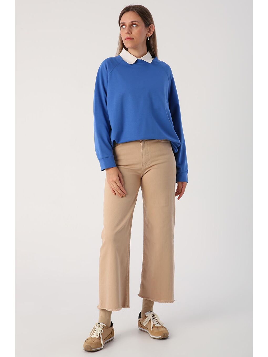 Bej Pamuklu Paçası Püsküllü Parça Boya Pantolon-1