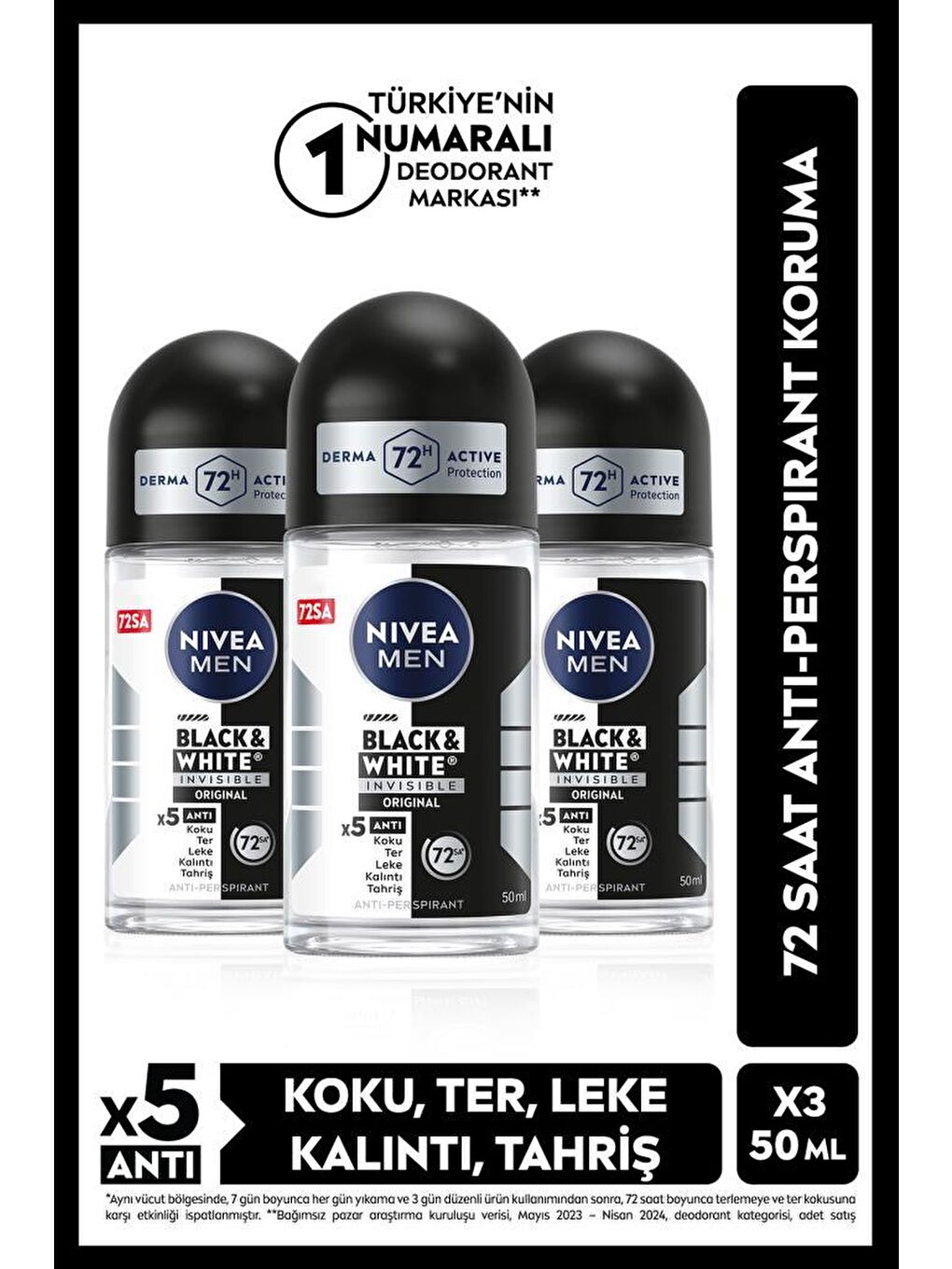 NIVEA MEN Erkek Roll-on Deodorant Black&White Original 50ml, 48 Saat Koruma, X3 Adet