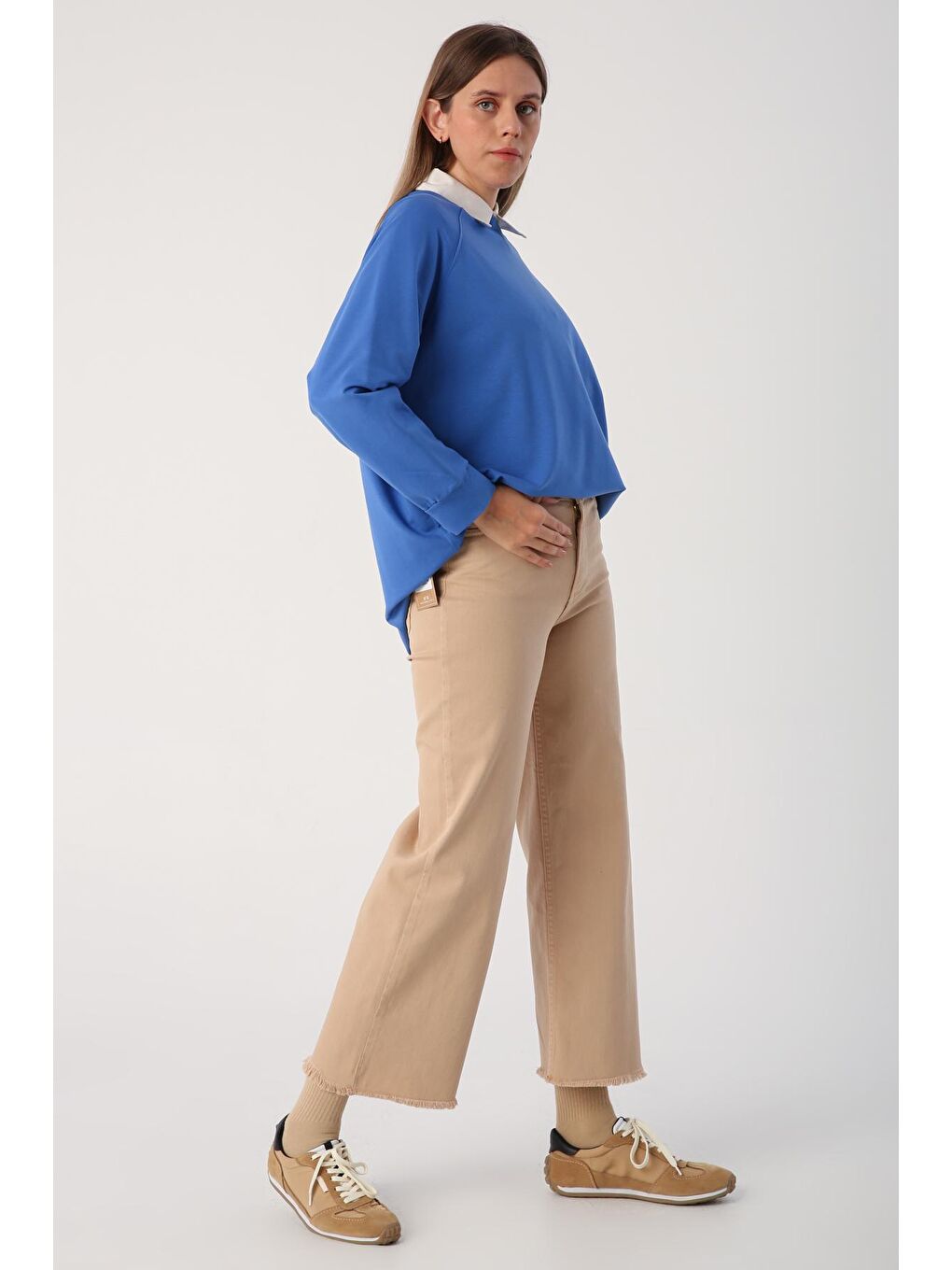 Bej Pamuklu Paçası Püsküllü Parça Boya Pantolon-2