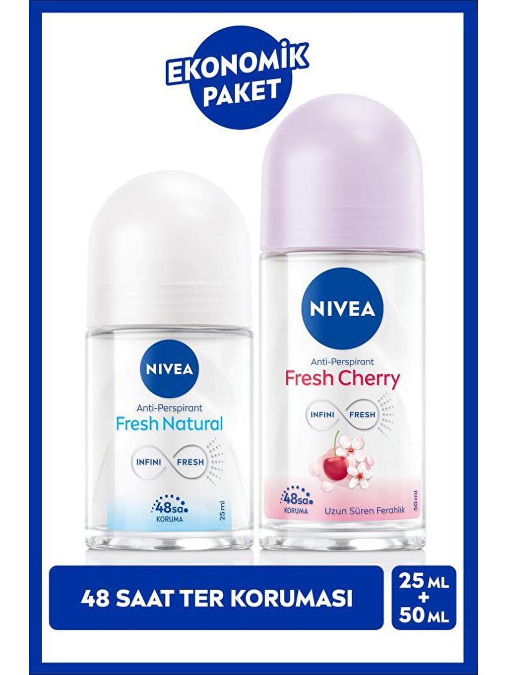 NIVEA Kadın Roll-on Deodorant Fresh Cherry 50ml ve Mini Roll-on Fresh Natural 25ml Set, 48 Saat Koruma