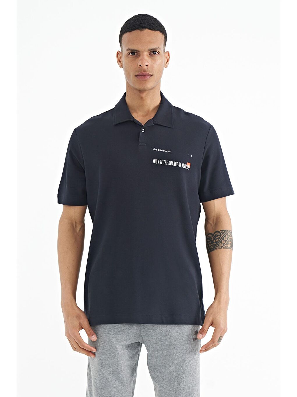 TOMMYLIFE Lacivert Yazı Baskılı Standart Form Polo Yaka Erkek T-shirt - 88236