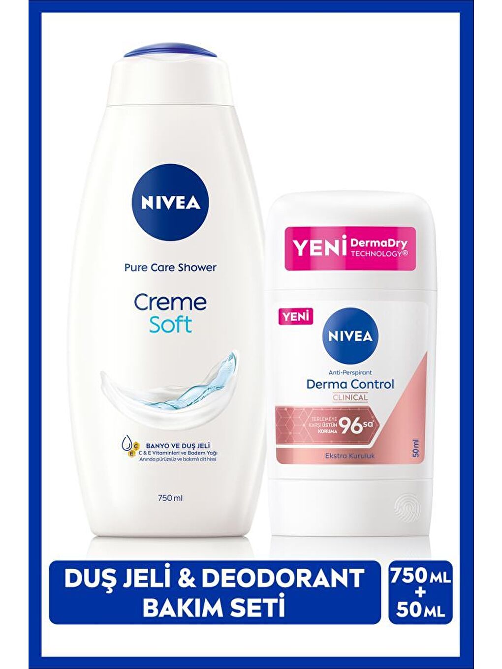 Kadın Stick Deodorant Derma Control Clinical 50ml ve Creme Soft Duş Jeli 750ml, Banyo Lif Hediyeli