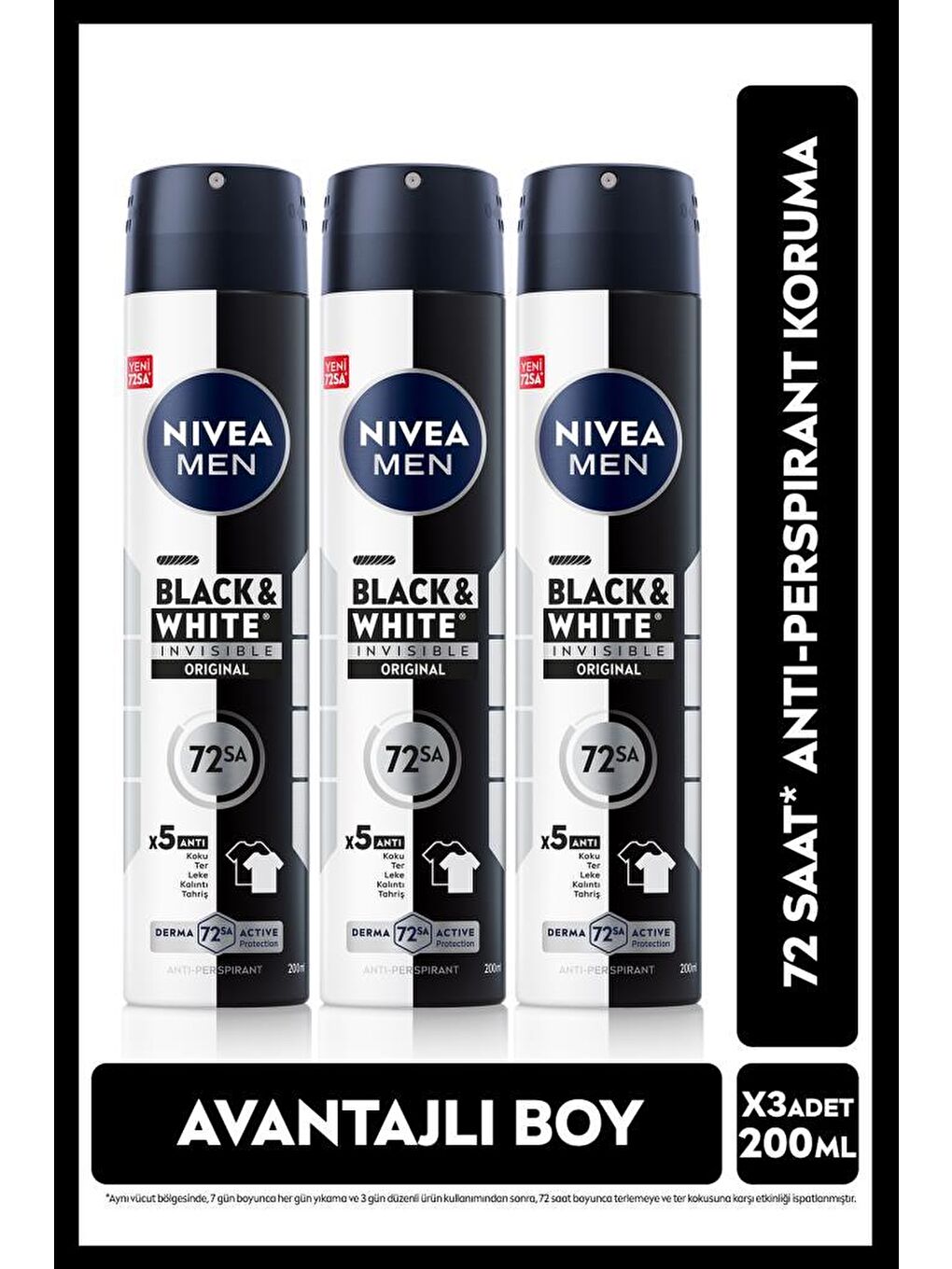 MEN Erkek Sprey Deodorant  Black&White Invisible Original 48 Saat Anti-perspirant Koruma 200mlx3Adet