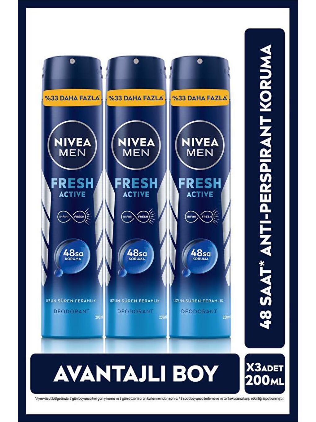 MEN Erkek Sprey Deodorant Fresh Active,48 Saat Deodorant Koruması 200mlx3Adet