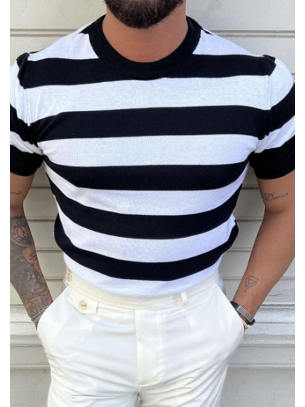 Beyaz Erkek Bisiklet Yaka Çizgili Triko Tişört