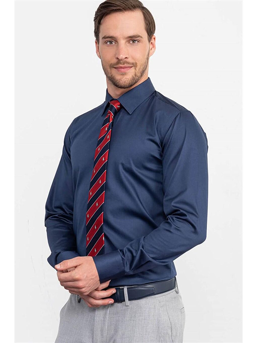 Modern Slim Fit Pamuk Saten Erkek İndigo Gömlek