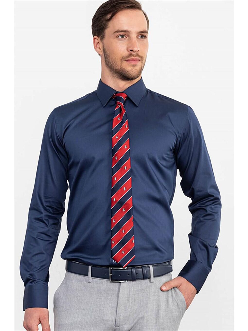 Modern Slim Fit Pamuk Saten Erkek İndigo Gömlek-1