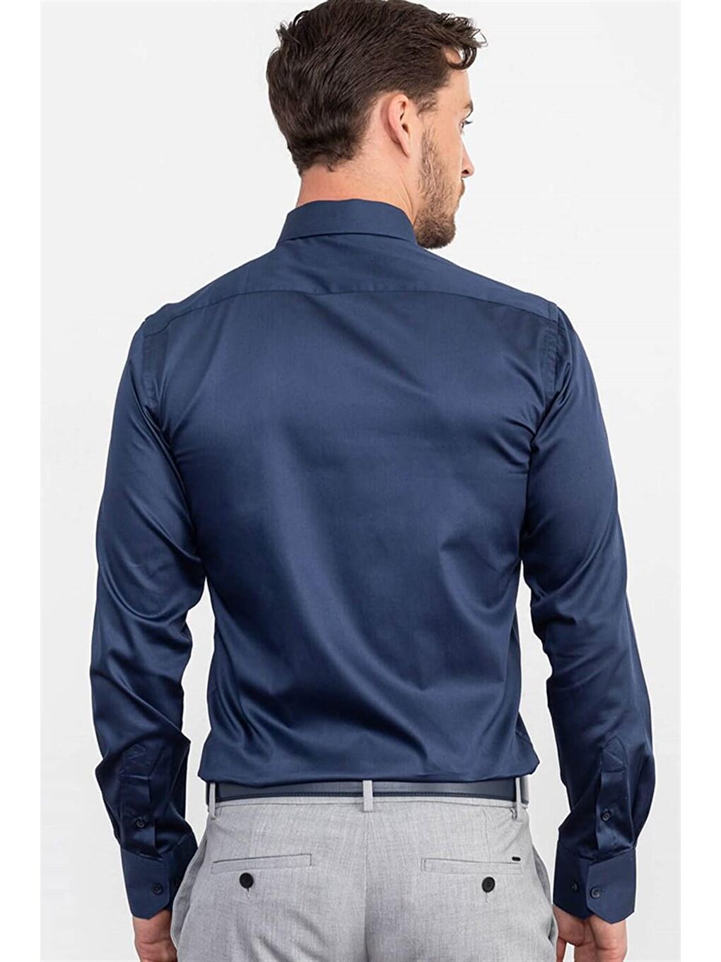 Modern Slim Fit Pamuk Saten Erkek İndigo Gömlek-3