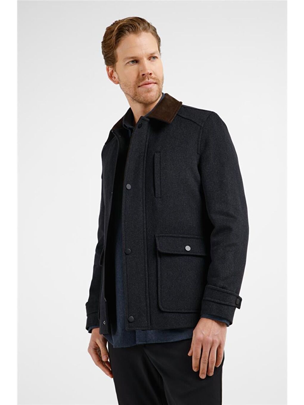 Antrasit Kadife Yaka Düz Yırtmaçsız Tam Astar Slim Fit Casual Mont-2