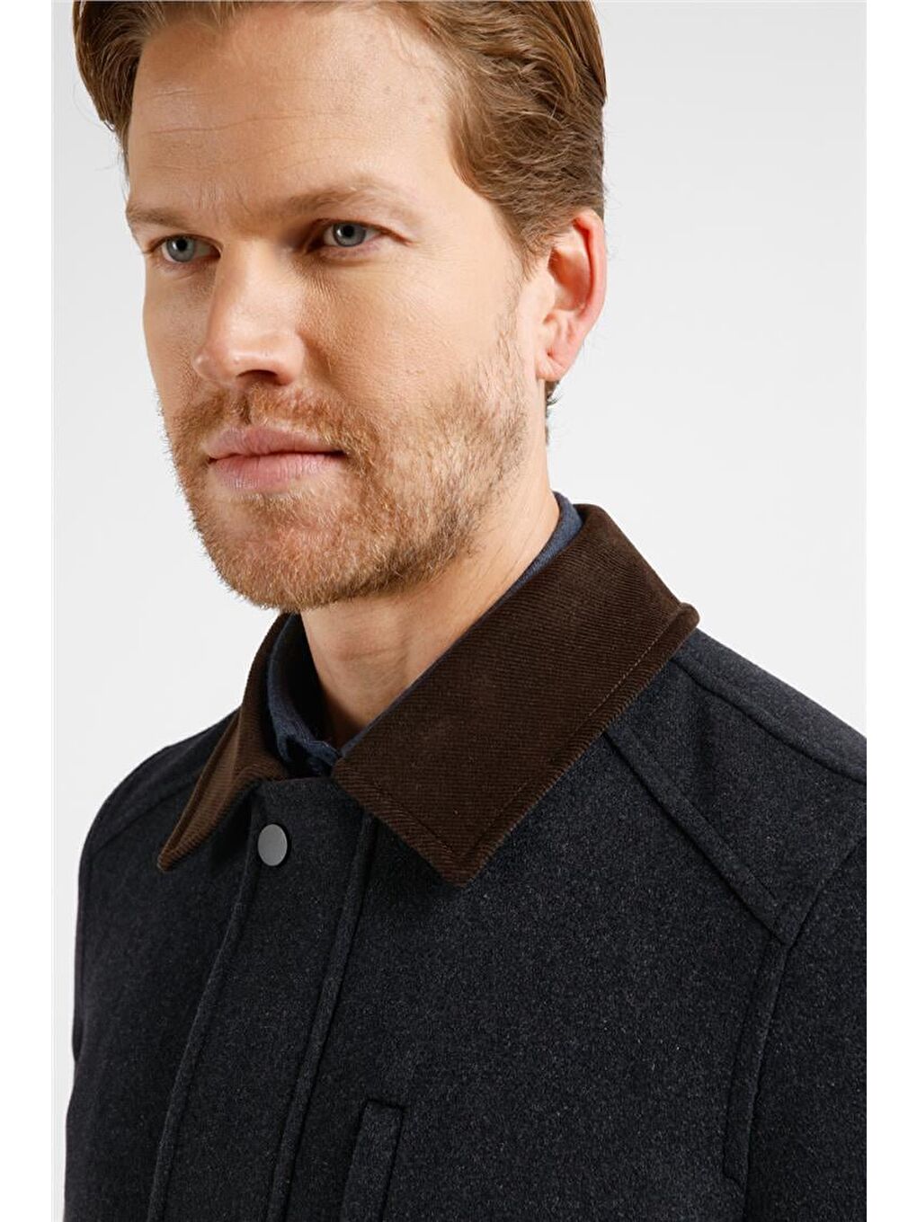 Antrasit Kadife Yaka Düz Yırtmaçsız Tam Astar Slim Fit Casual Mont-3