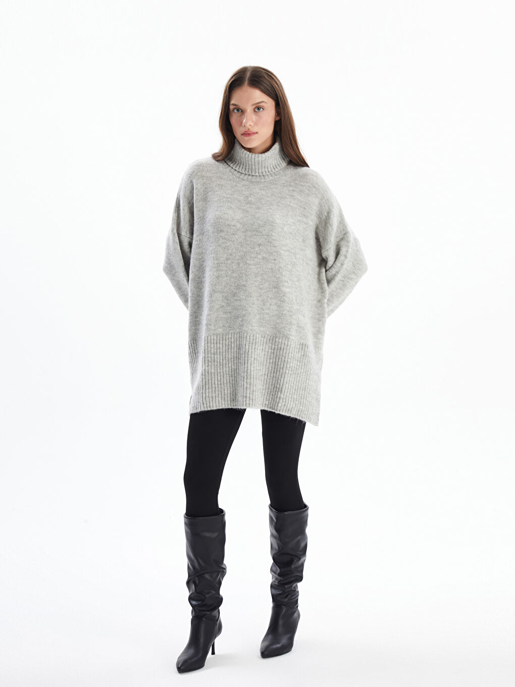 Palermo - Balıkçı Yaka Yumuşak Dokulu Rahat Kalıp Düz Triko Kazak - Gri Renk