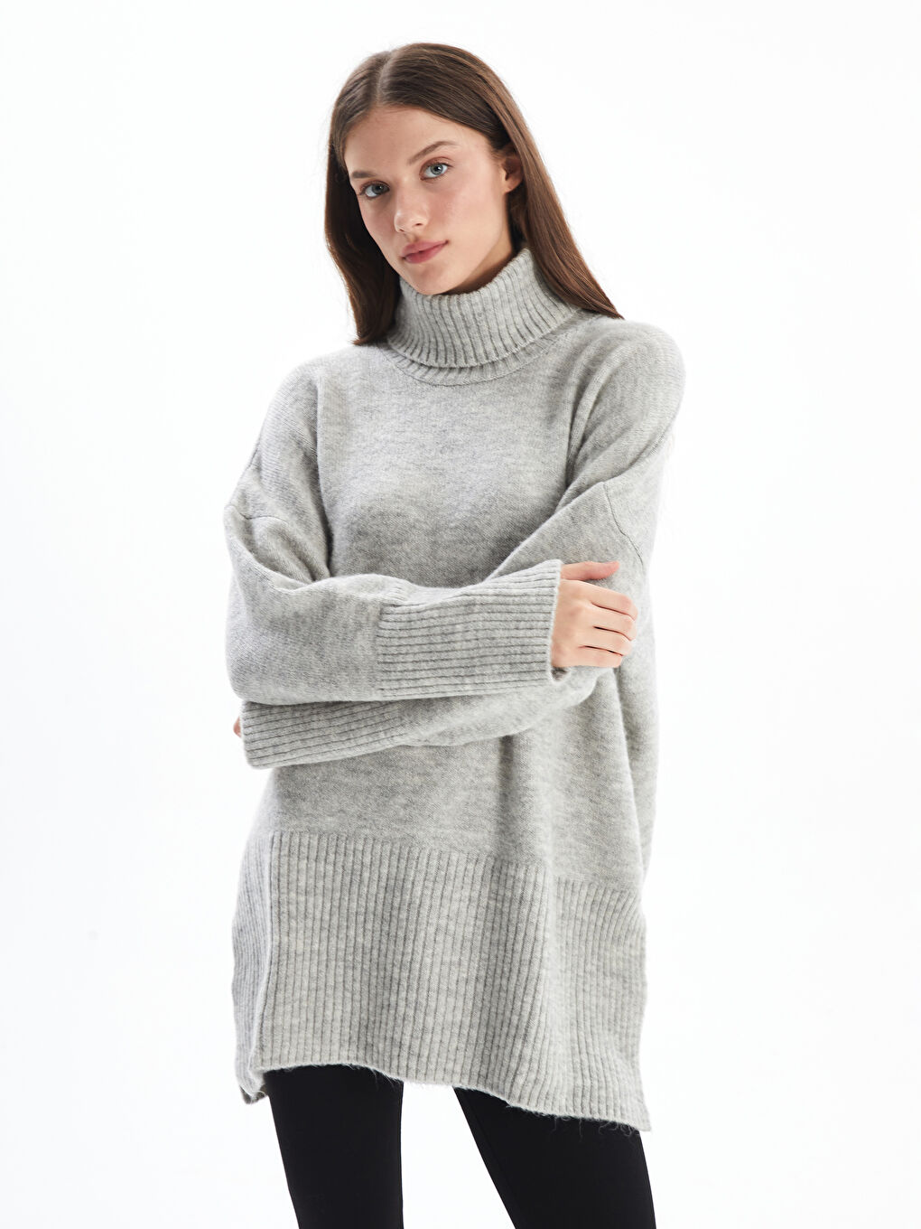 Palermo - Balıkçı Yaka Yumuşak Dokulu Rahat Kalıp Düz Triko Kazak - Gri Renk-1