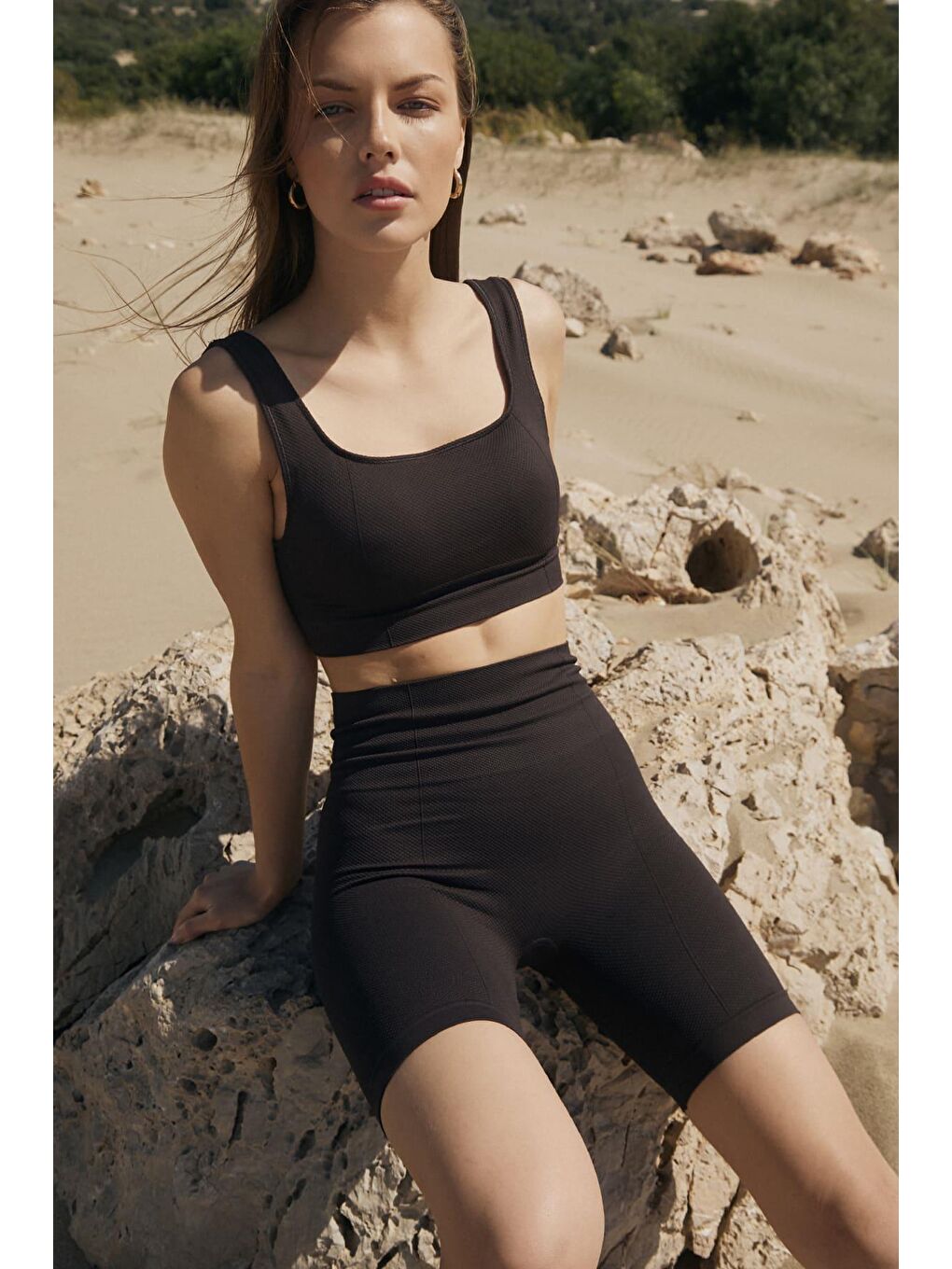 Kahverengi Holly Petek Desenli Yüksek Bel Biker Tayt Acı Kahve