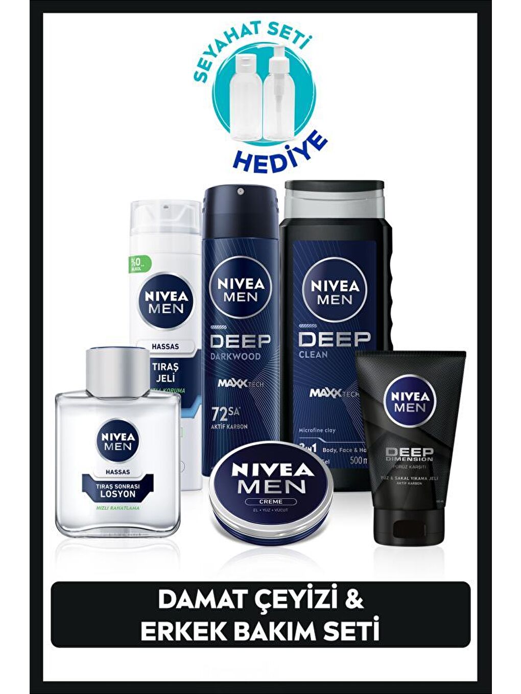 NIVEA MEN Erkek Damat Seti, Duş Jeli500ml, Deodorant, Yüz Yıkama Jeli100ml, Tıraş Jeli, Losyon100ml,Creme