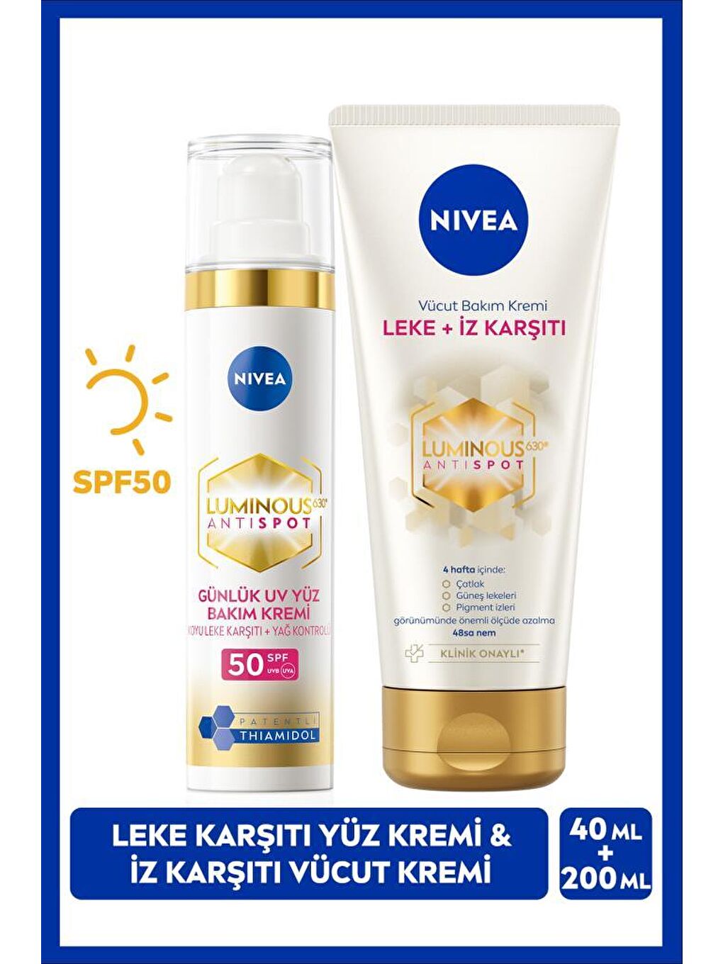 NIVEA Luminous630 Leke Karşıtı Gündüz Yüz Kremi 40ml, Luminous630 Leke İz Karşıtı Vücut Bakım Kremi 200ml
