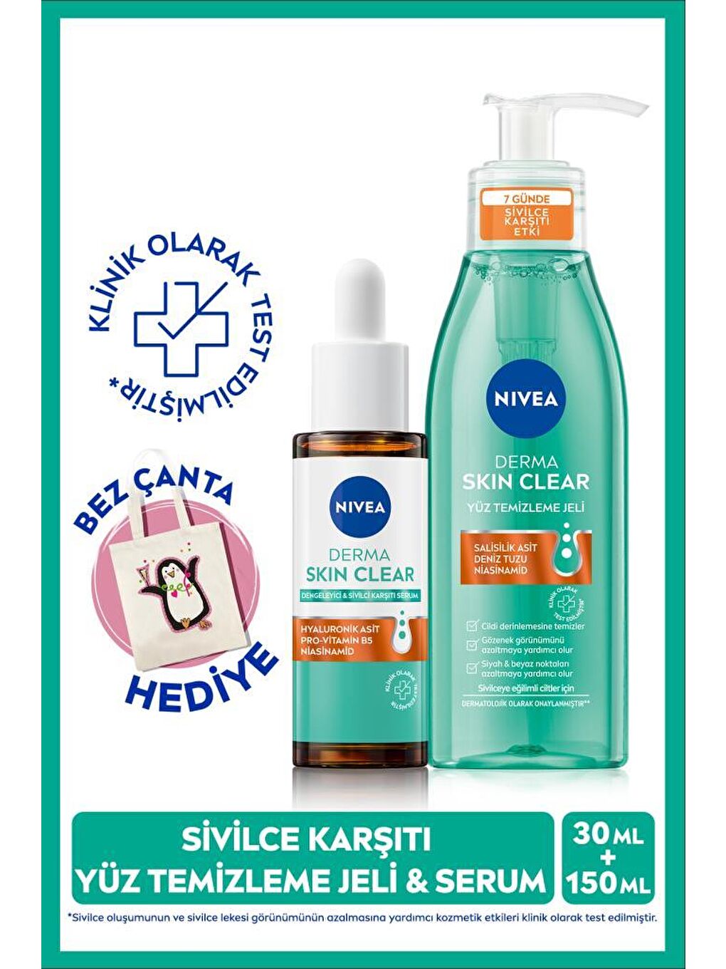 NIVEA Derma Skin Clear Sivilce Karşıtı Cilt Bakım Seti, Yüz Temizleme Jeli 150ml ve Dengeleyici Serum 30ml