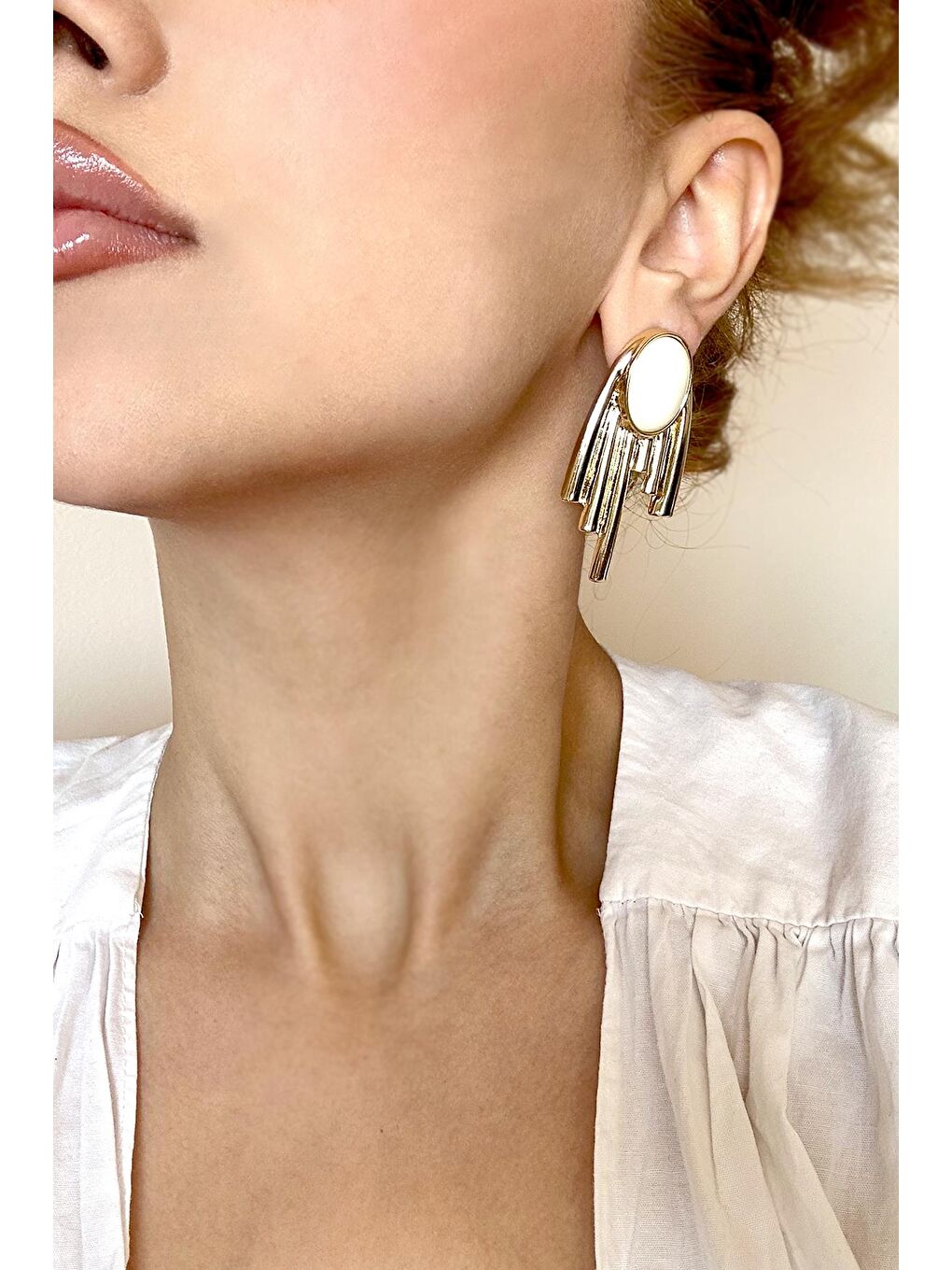 Sarı Beyaz Mineli Sarkıt Küpe-3