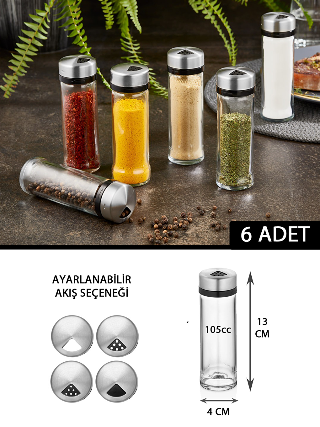 Gri 6'lı Paslanmaz Çelik Kapaklı Cam Tuzluk Baharatlık Seti 6x105cc