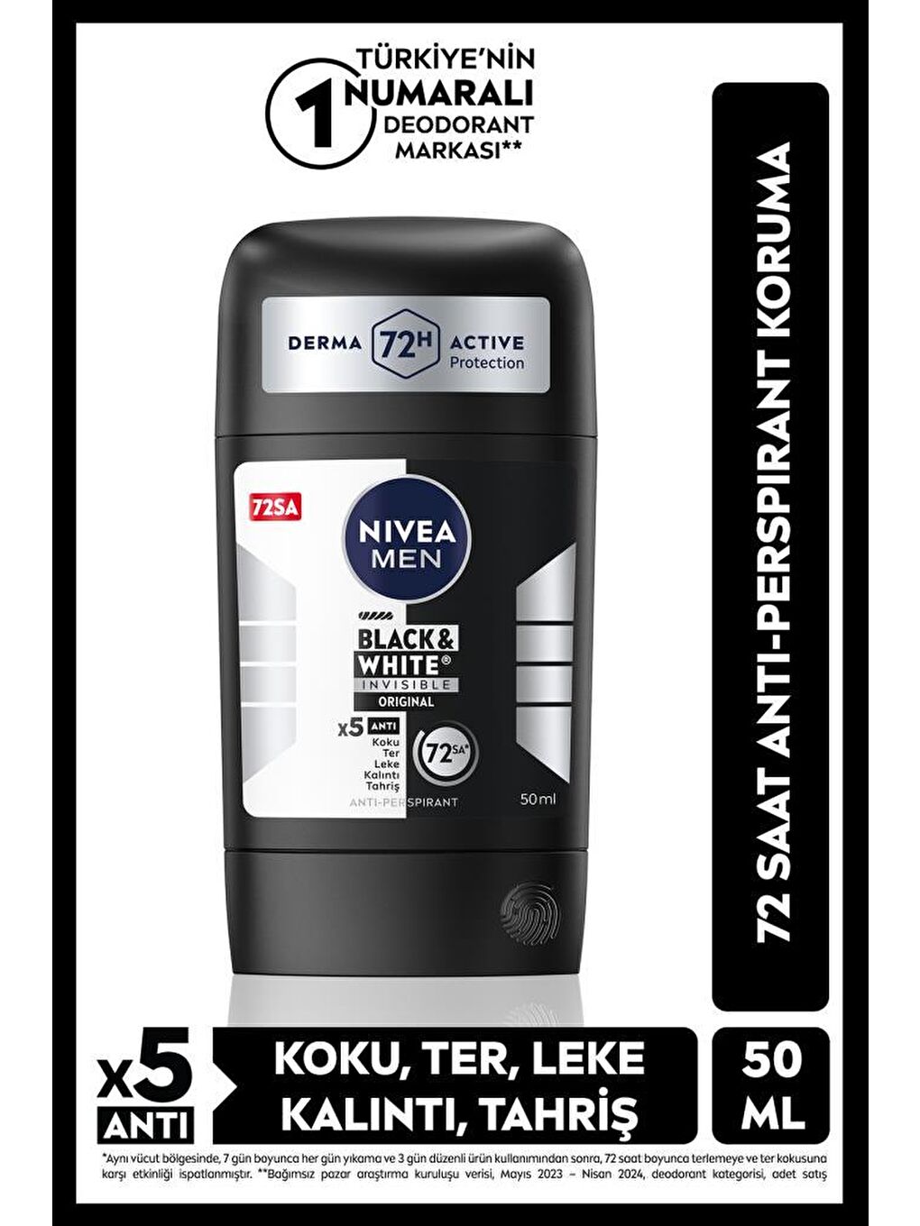 MEN Erkek Stick Deodorant Black&White Invisible Original 150ml, 72 Saat Anti-perspirant Ter Koruması