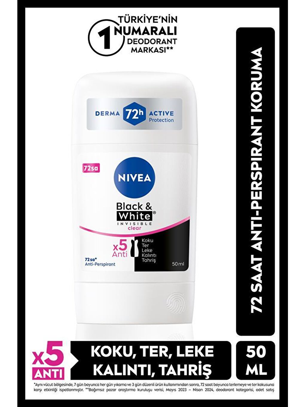 Kadın Stick Deodorant Black&White Invisible Clear 50ml, 72 Saat Anti-perspirant Ter Koruması
