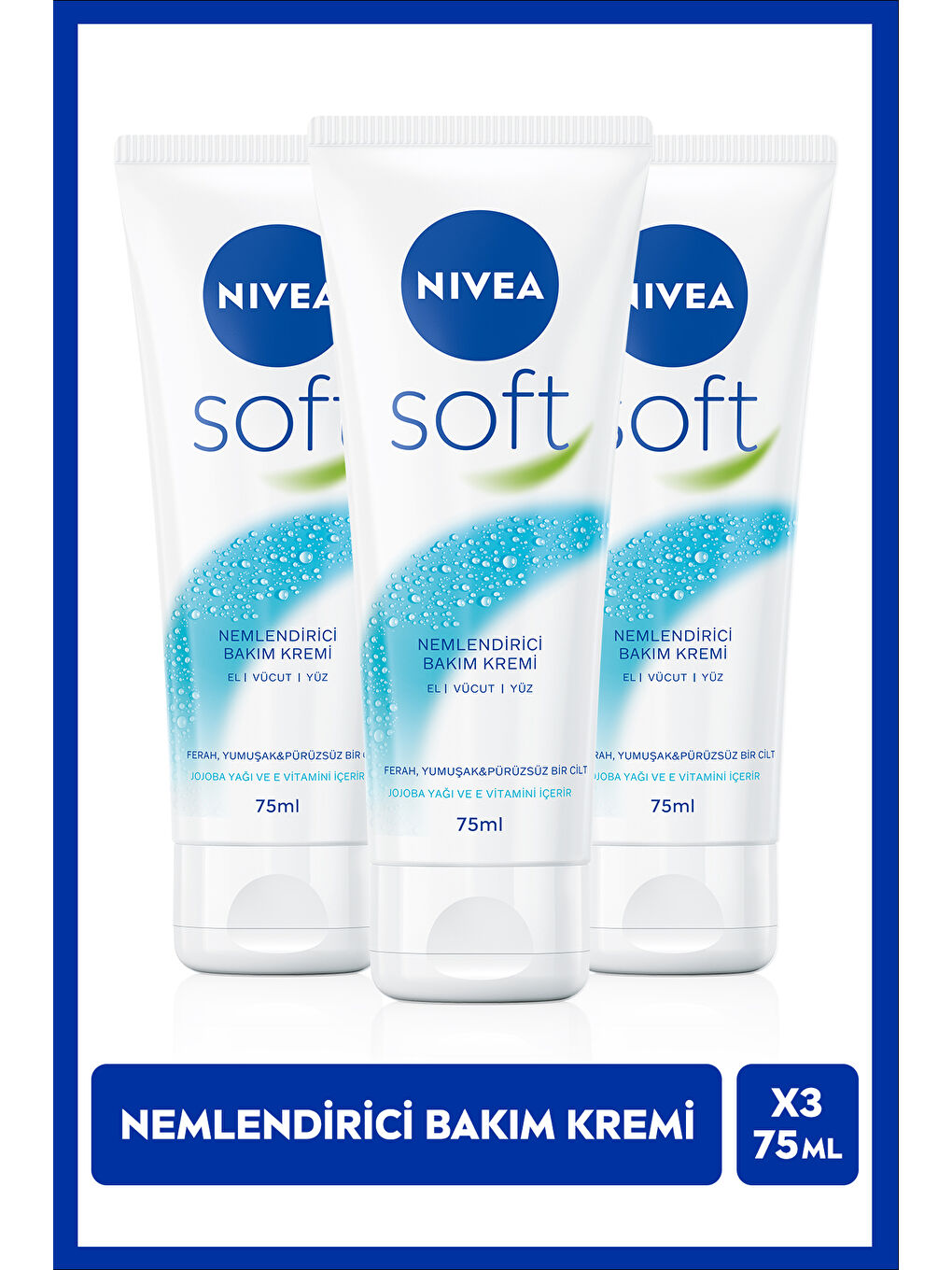 Soft Nemlendirici Bakım Kremi 75ml, Jojoba Yağı, E Vitamini, Yüz Vücut El, Yumuşak Cilt, X3 Adet
