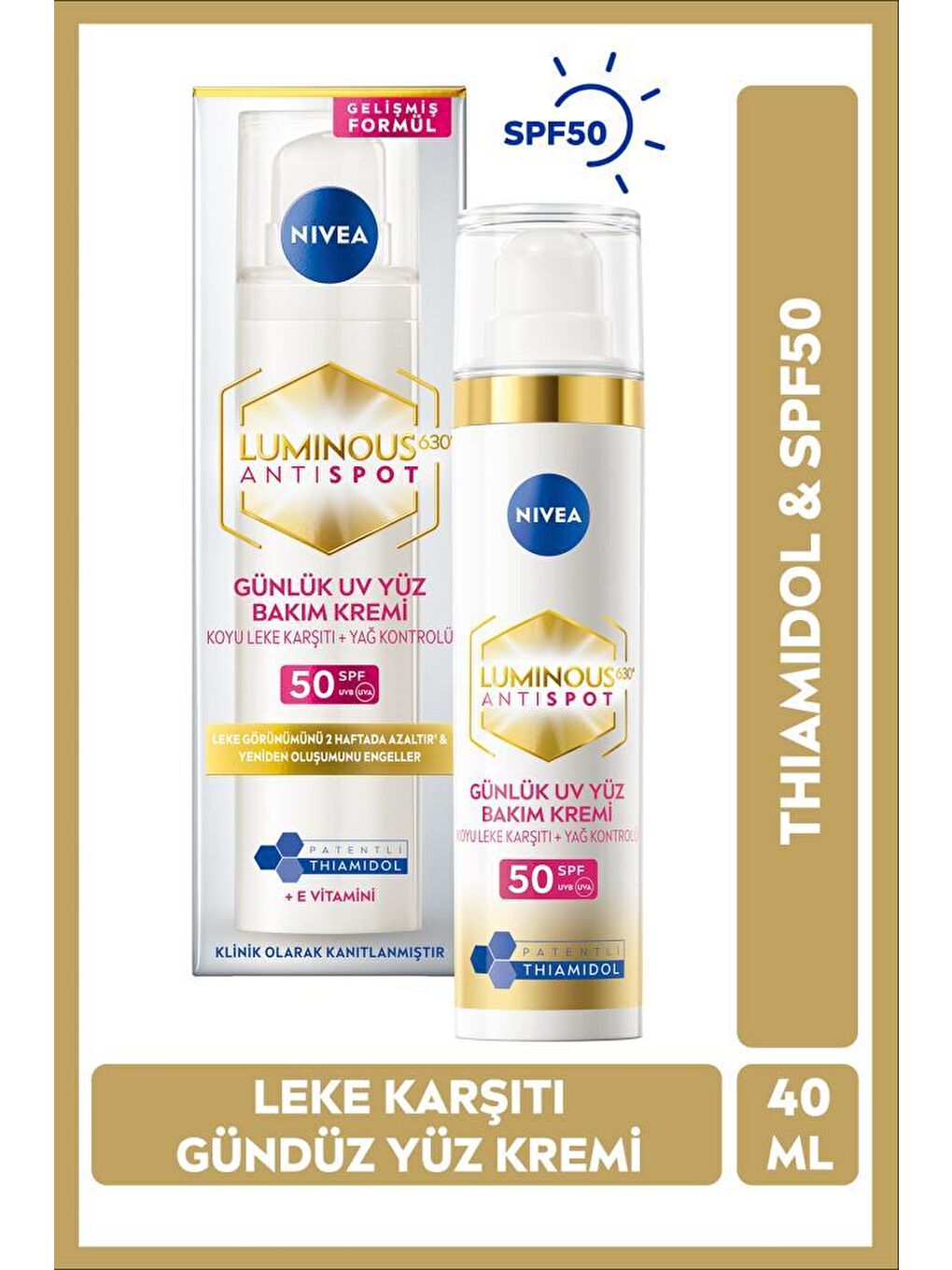 NIVEA Luminous630 Thiamidol Etkili Leke Karşıtı Gündüz Yüz Kremi 40ml, SPF50 UV Koruma, Hyaluronik Asit